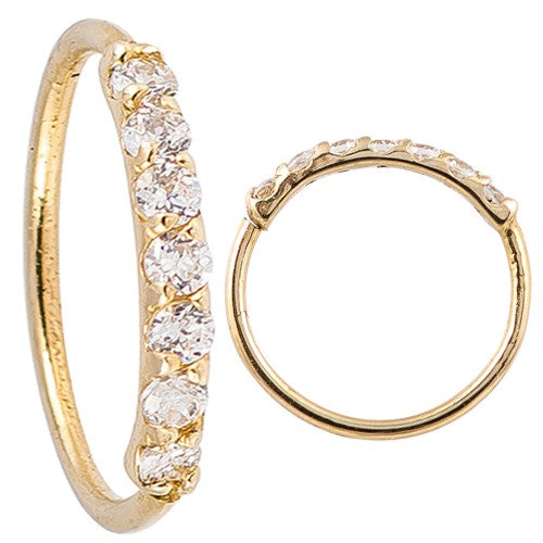 14 karat bendable gold nose hoop with prong-set cz gems. Just twist open to put in nostril, and twist back to line it up. 22 Gauge in a choice of 8mm or 10mm diameter. Autoclave not recommended.