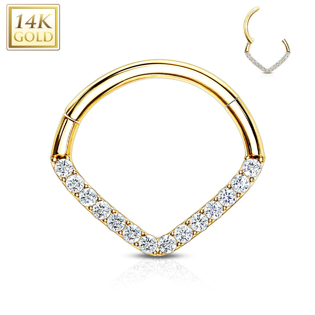 14 karat gold hinged segment ring with clear cubic zirconia in a chevron shape. Can be used for septum, cartilage piercings, etc. 16 gauge X 8mm. Autoclave not recommended.