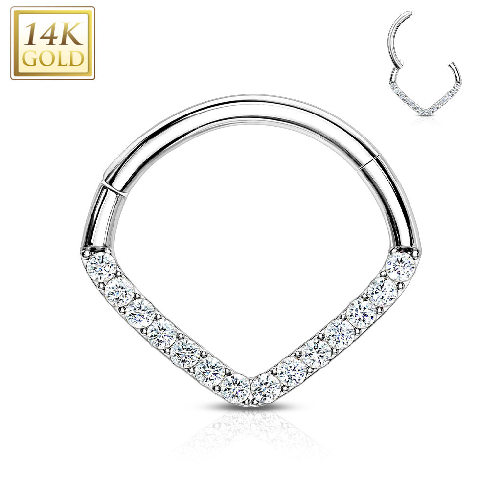 14 karat white gold hinged segment ring with clear cubic zirconia in a chevron shape. Can be used for septum, cartilage piercings, etc. 16 gauge X 8mm. Autoclave not recommended.