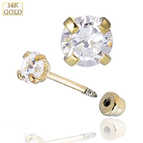 14 Karat gold earrings with a sparkly, prong-set cubic zirconia with a twist-on backing. Available in a 2mm, 3mm or 4mm cubic zirconia.