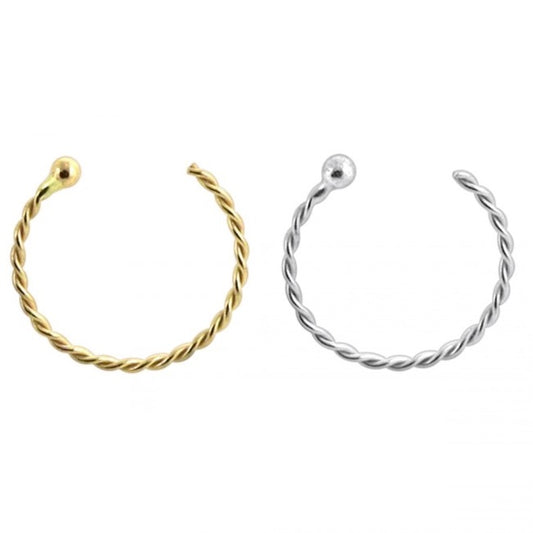 Versatile 14 karat gold twisted nose hoops for all nose piercings. Just insert the hoop from the inside of the nostril and feed it through and the little disk on the end keeps the hoop from sliding all the way through the nostril. The hoop stays open, so no need to "do it up" or close it in any way. Choice of 14 karat yellow gold or white gold.