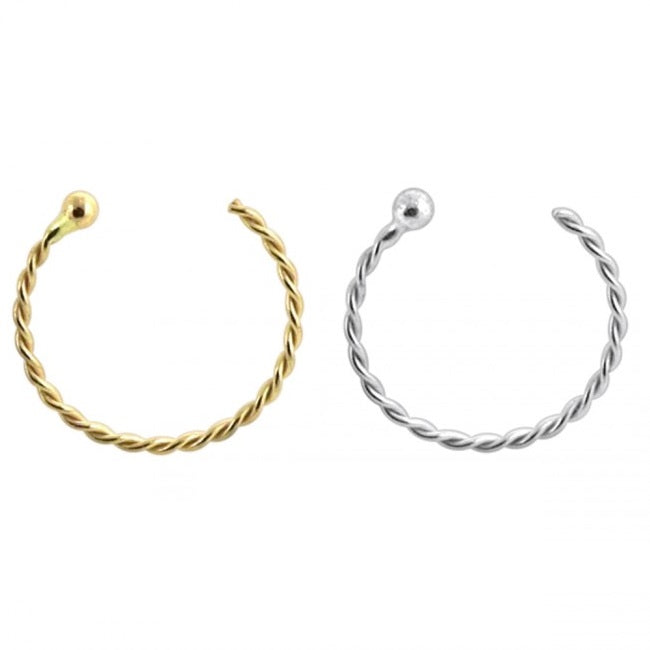Versatile 14 karat gold twisted nose hoops for all nose piercings. Just insert the hoop from the inside of the nostril and feed it through and the little disk on the end keeps the hoop from sliding all the way through the nostril. The hoop stays open, so no need to "do it up" or close it in any way. Choice of 14 karat yellow gold or white gold.