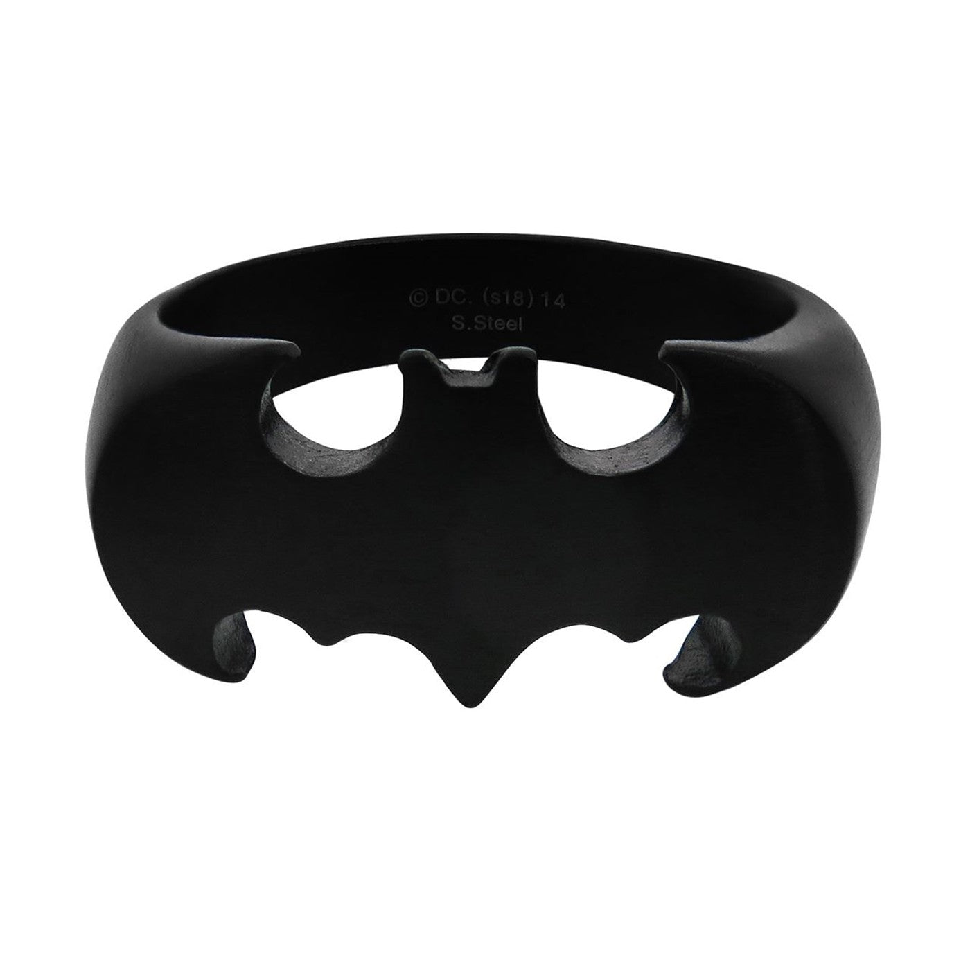 Stainless steel matte black ring with Batman symbol.