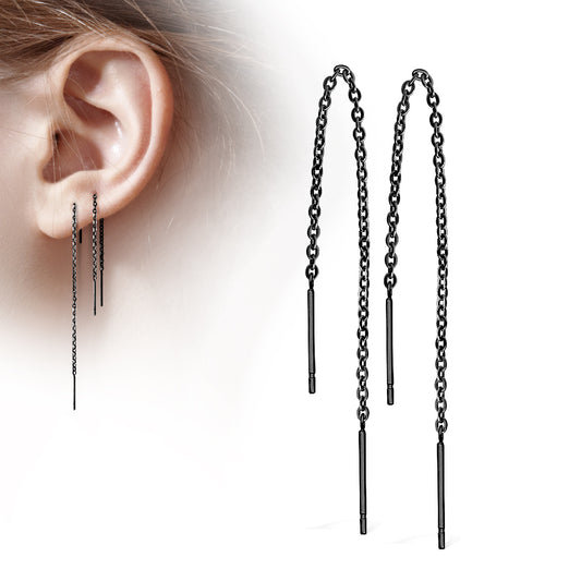316L Stainless steel threader earrings, featuring two dangling bars at the ends of the chain which hang beautifully from your piercing. Shown in black.