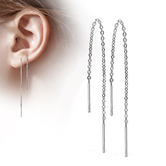 316L Stainless steel threader earrings, featuring two dangling bars at the ends of the chain which hang beautifully from your piercing. Shown in surgical steel.