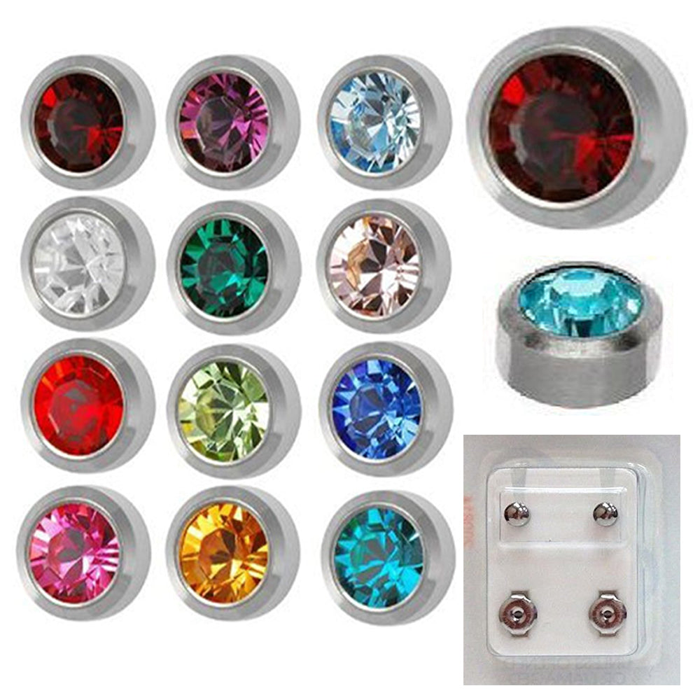 Pre-sterilized, surgical steel bezel set jewelled earring studs. Sold in packs of 12 pairs. Shown in assorted birth stone cubic zirconias, also available in clear.
