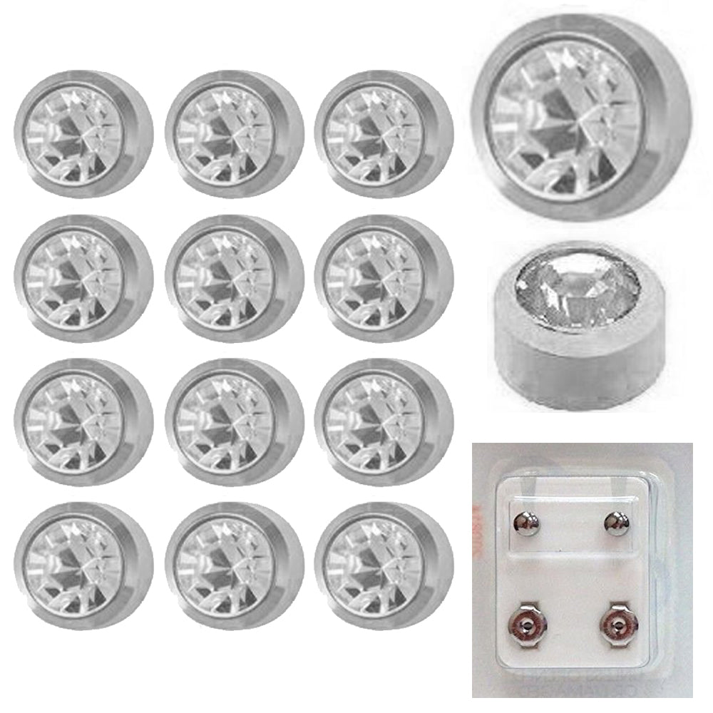 Pre-sterilized, surgical steel bezel set jewelled earring studs. Sold in packs of 12 pairs. Shown in clear, also available in assorted birth stone cubic zirconias.