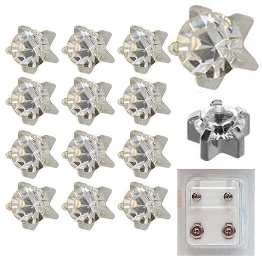Pre-sterilized, surgical steel star shaped earring studs with prong-set clear gems. Available in all-clear or assorted birthstone colours. Sold in packs of 12 pairs. 16 Gauge. This product is only available to wholesale customers. Please contact us if you would like to become a wholesale customer.