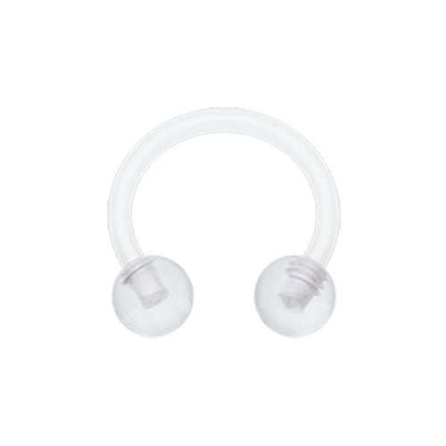 Two flexible bioflex circular barbell horseshoe rings on a white background, featuring a solid black ring with black ball ends on the top left and a clear translucent ring with clear ball ends on the bottom right.