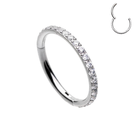 A beautiful surgical steel hinged segment ring with 18 clear side-facing cubic zirconia. Great for cartilage, lip, eyebrow, daith, rook, snug, helix, tragus, or ear lobe piercings.