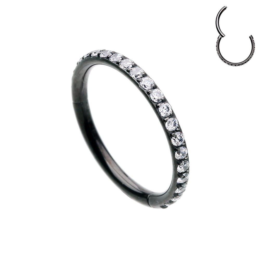 A beautiful black surgical steel hinged segment ring with 18 clear side-facing cubic zirconia. Great for cartilage, lip, eyebrow, daith, rook, snug, helix, tragus, or ear lobe piercings.