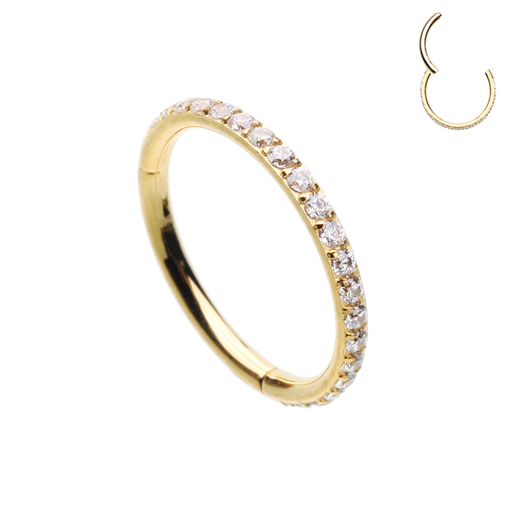 A beautiful gold-plated, surgical steel hinged segment ring with 18 clear side-facing cubic zirconia. Great for cartilage, lip, eyebrow, daith, rook, snug, helix, tragus, or ear lobe piercings.