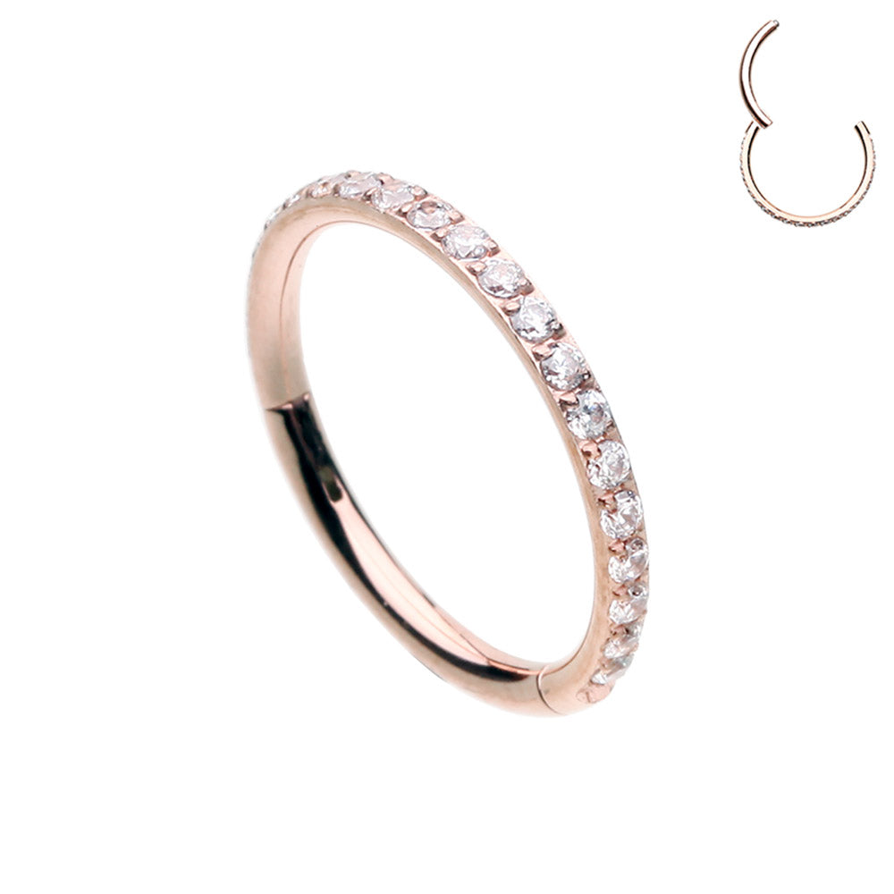 A beautiful rose gold, surgical steel hinged segment ring with 18 clear side-facing cubic zirconia. Great for cartilage, lip, eyebrow, daith, rook, snug, helix, tragus, or ear lobe piercings.