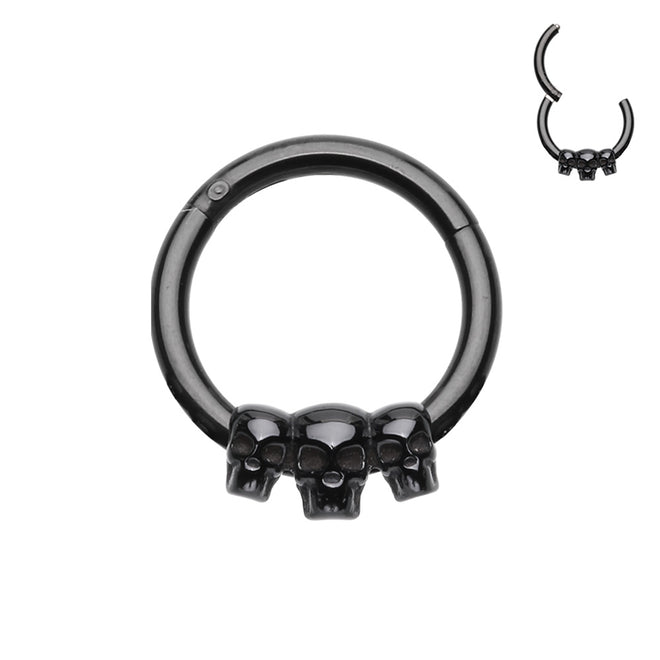 316L Surgical steel hinged segment ring with 3 small skulls in black. Great for septum or cartilage.  These hinged clickers can be used for eyebrow, lip, earlobes, daith, rook, snug, helix or septum.  