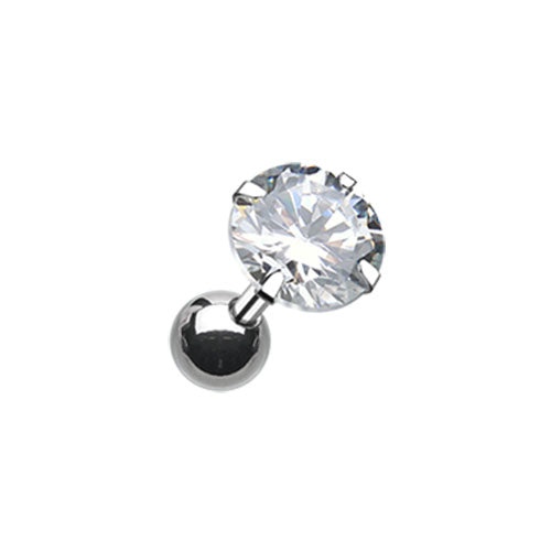 A surgical steel cartilage stud with a prong-set cubic zirconia gem. 