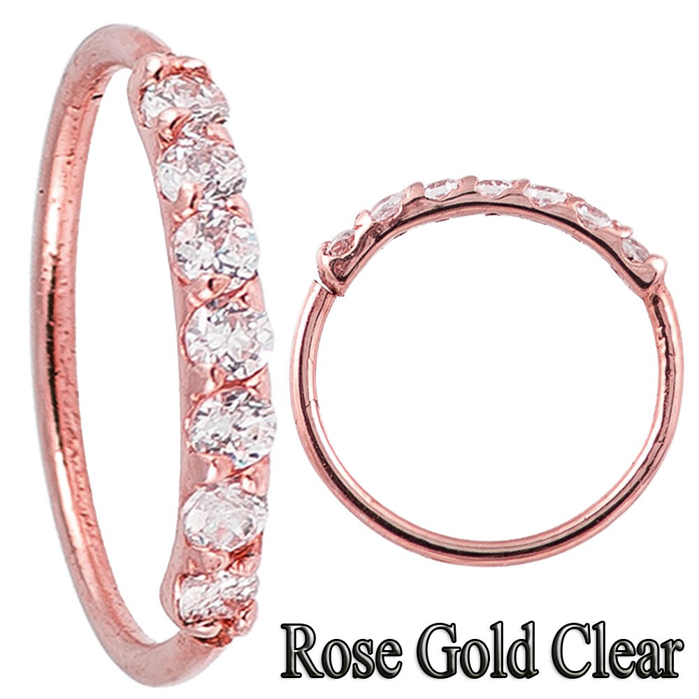Rose gold plated over sterling silver nose hoop with 7 clear prong-set cz gems. 22 Gauge X 8mm. Just twist open the hoop to insert it in your nose, and twist the hoop back closed. 