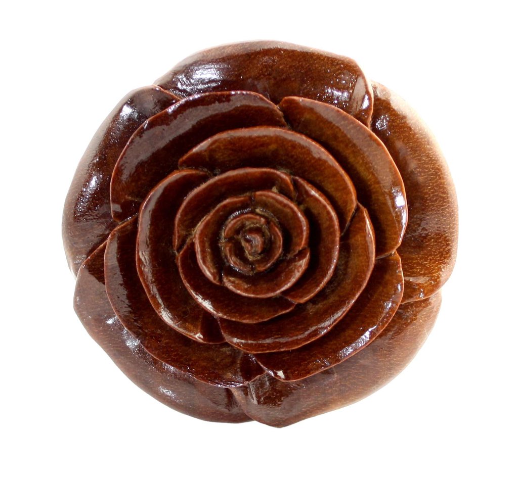 Side view of arang wood plug with a gorgeous carved rose flower. 