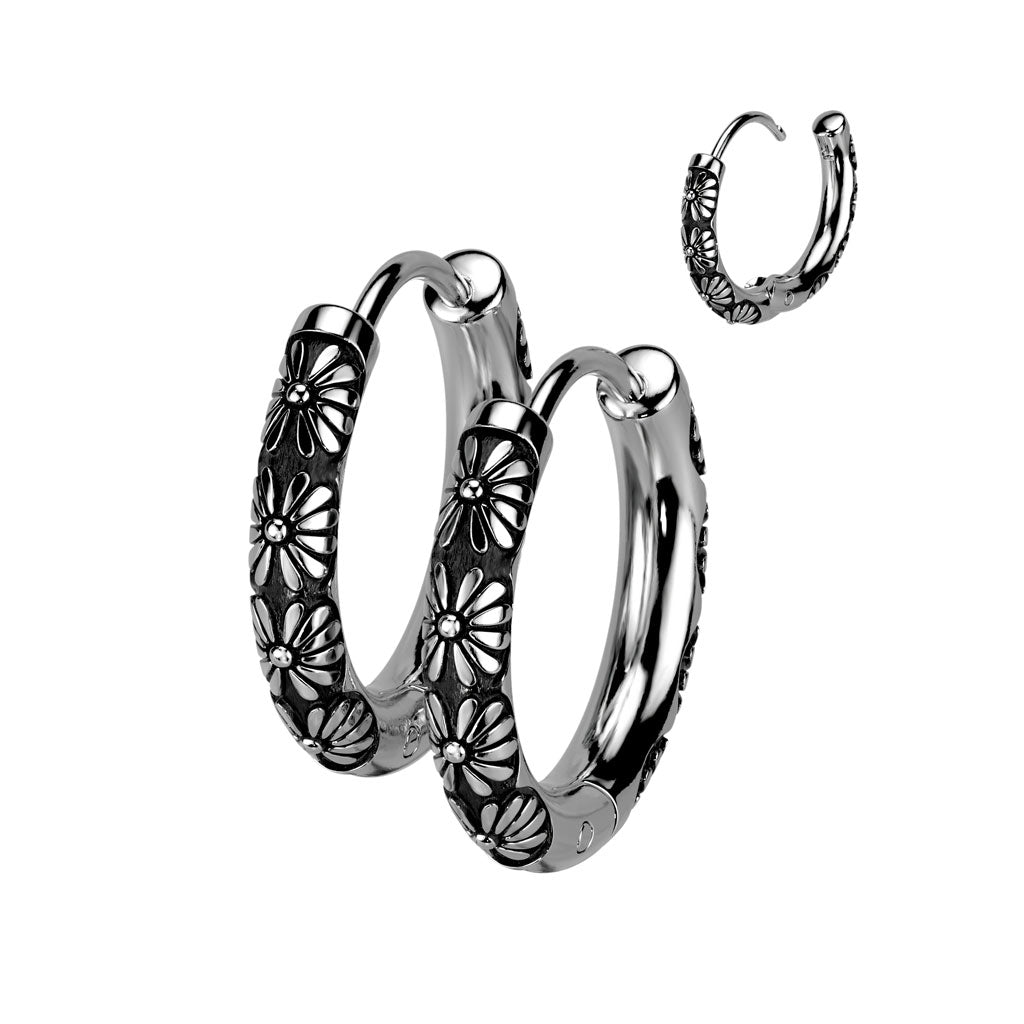 316L surgical steel hoop earrings with a steel casting flower design.
