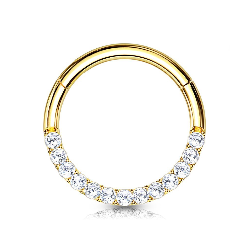 14 Karat yellow gold hinged clicker with 7 prong-set cz  front facing gems. Choose either front facing or side facing gems in yellow gold or white gold. Available in 16 Gauge X 8mm, 16 Gauge X 10mm or the very small 16g X 6mm. Autoclave not recommended.