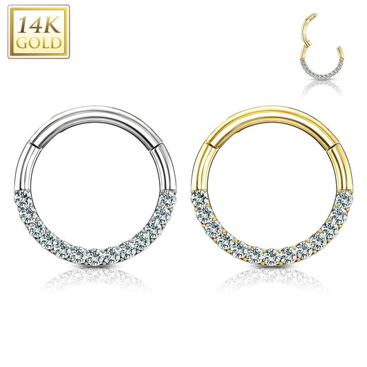 14 Karat gold hinged clicker with 7 prong-set cz gems, shown in yellow gold and white gold with front facing gems.  Choose from front facing or side facing gems. Available in 16 Gauge X 8mm, 16 Gauge X 10mm or the very small 16g X 6mm. Autoclave not recommended.