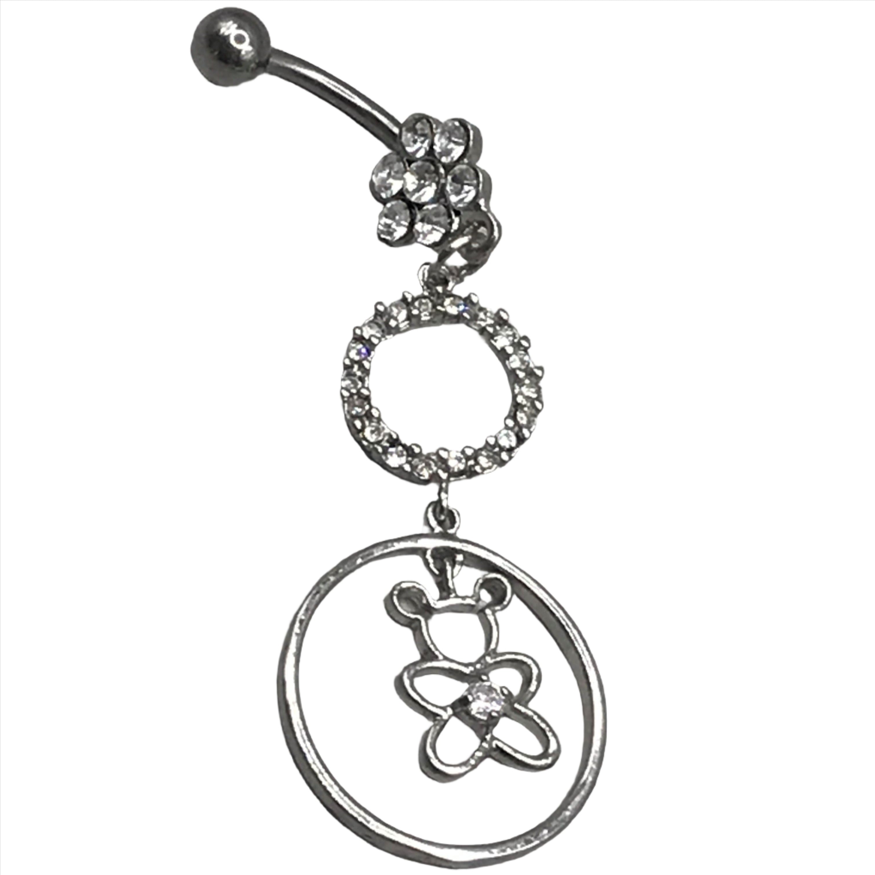 Cute surgical steel belly ring with a bottom gem shaped flower and a dangly small gem covered circle and a bear with a centre gem in a larger circle. Externally Threaded. Shown with clear gems.