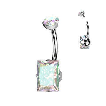 Titanium belly ring features a large rectangular prong-set aurora borealis gem and an internally threaded top gem