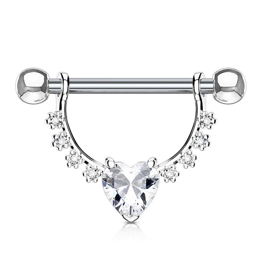 316L Surgical steel nipple barbell with prong set cz dangle gems. Externally Threaded.  14 Gauge X 12mm X 4mm