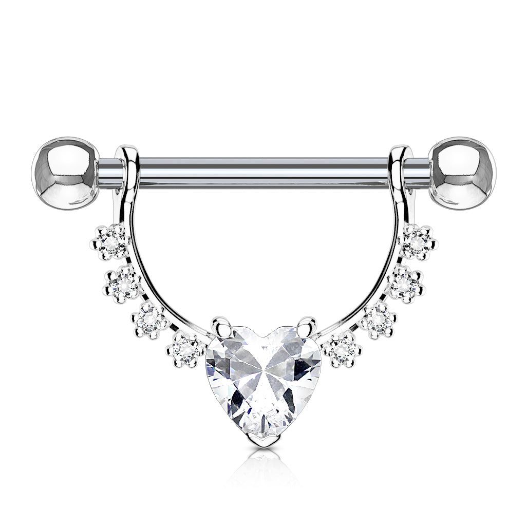 316L Surgical steel nipple barbell with prong set cz dangle gems. Externally Threaded.  14 Gauge X 12mm X 4mm