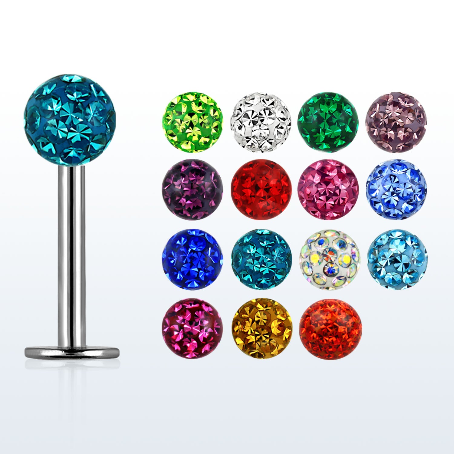 A variety of multicolored surgical steel labrets with silicone-coated Tiffany balls.