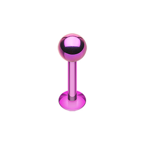 a 16 gauge 316L surgical steel labret stud with a 3mm ball top and a purple titanium plating