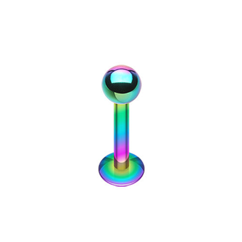 a rainbow anodized stainless steel labret lip stud with a flat back