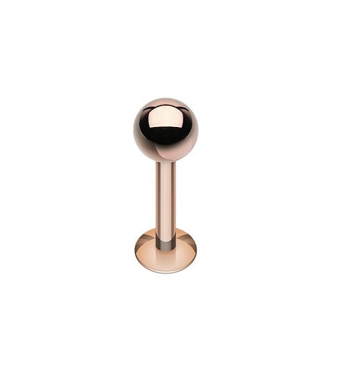 A rose gold plated labret, externally threaded.