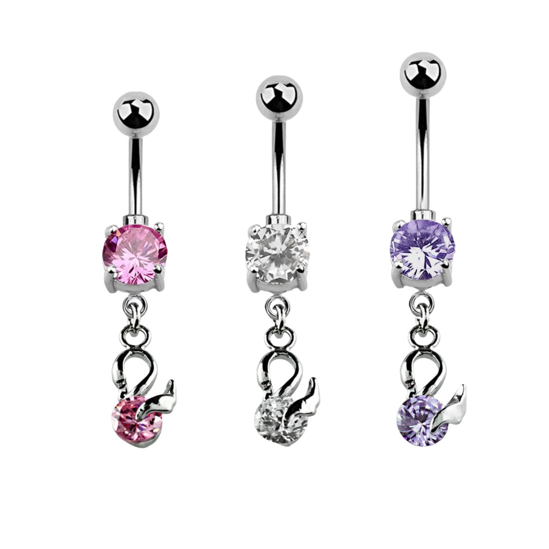 A set of three stainless steel belly button rings featuring dangling swan pendants and colored crystals