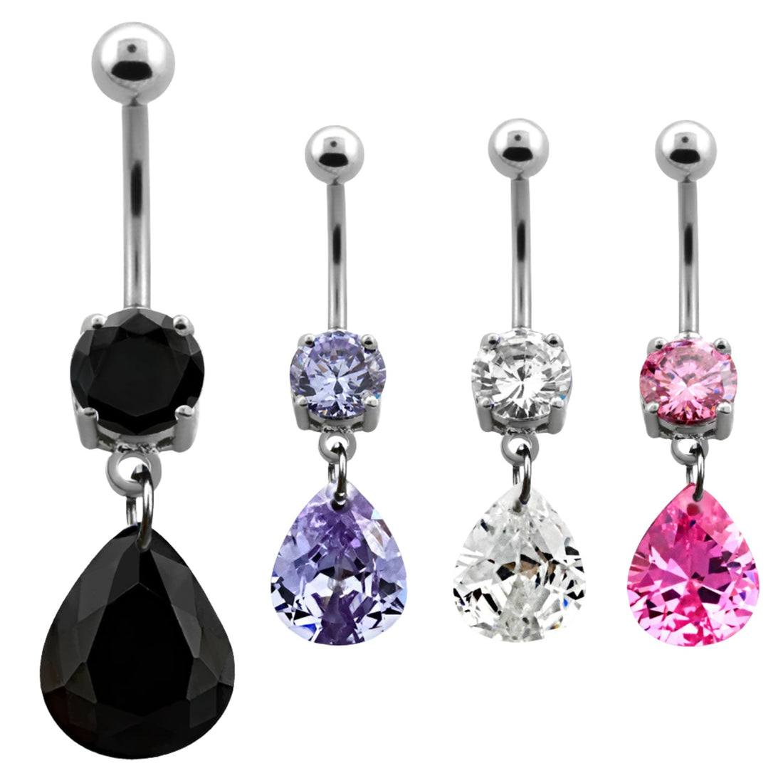 stainless steel navel rings featuring dangling teardrop-shaped cubic zirconia stones in various colors
