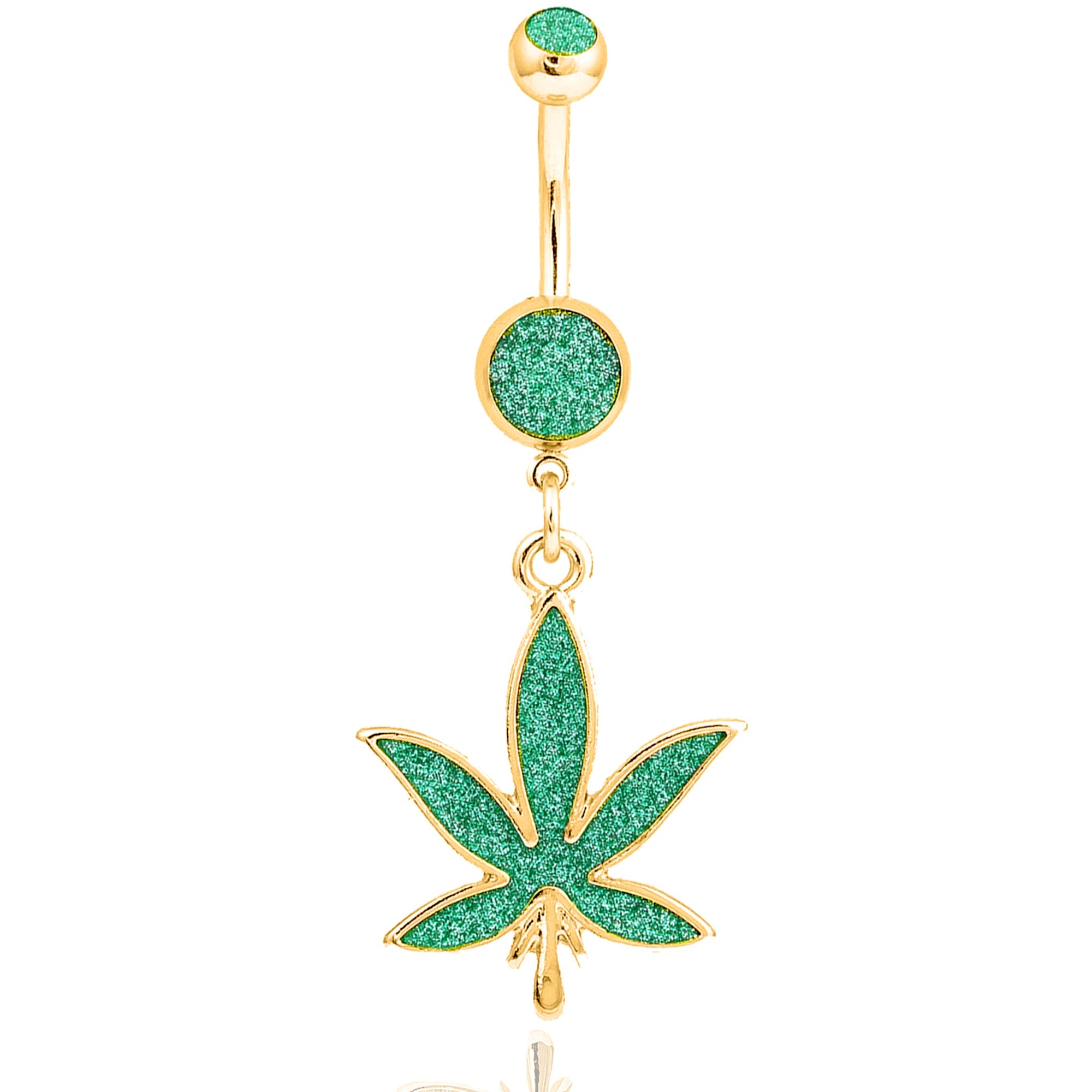  a 14G PVD gold-plated surgical steel belly ring featuring a green glittery marijuana leaf dangle