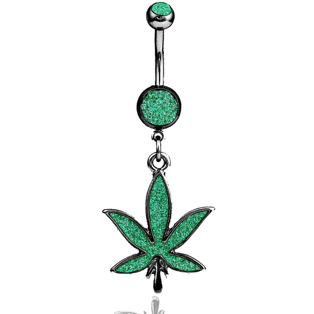 A green marijuana leaf dangle belly ring.