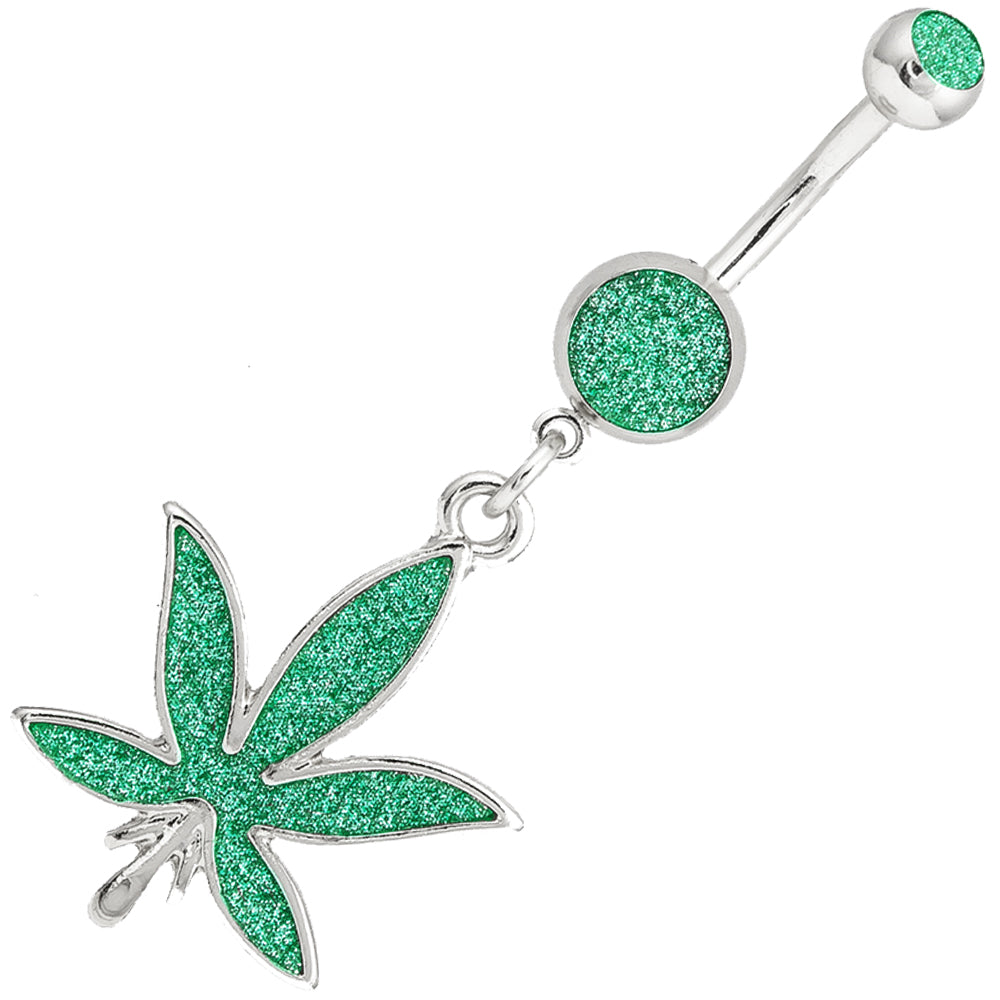 A green marijuana leaf dangle belly ring.