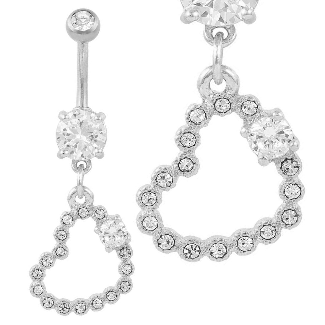 A surgical grade steel heart CZ dangle belly ring