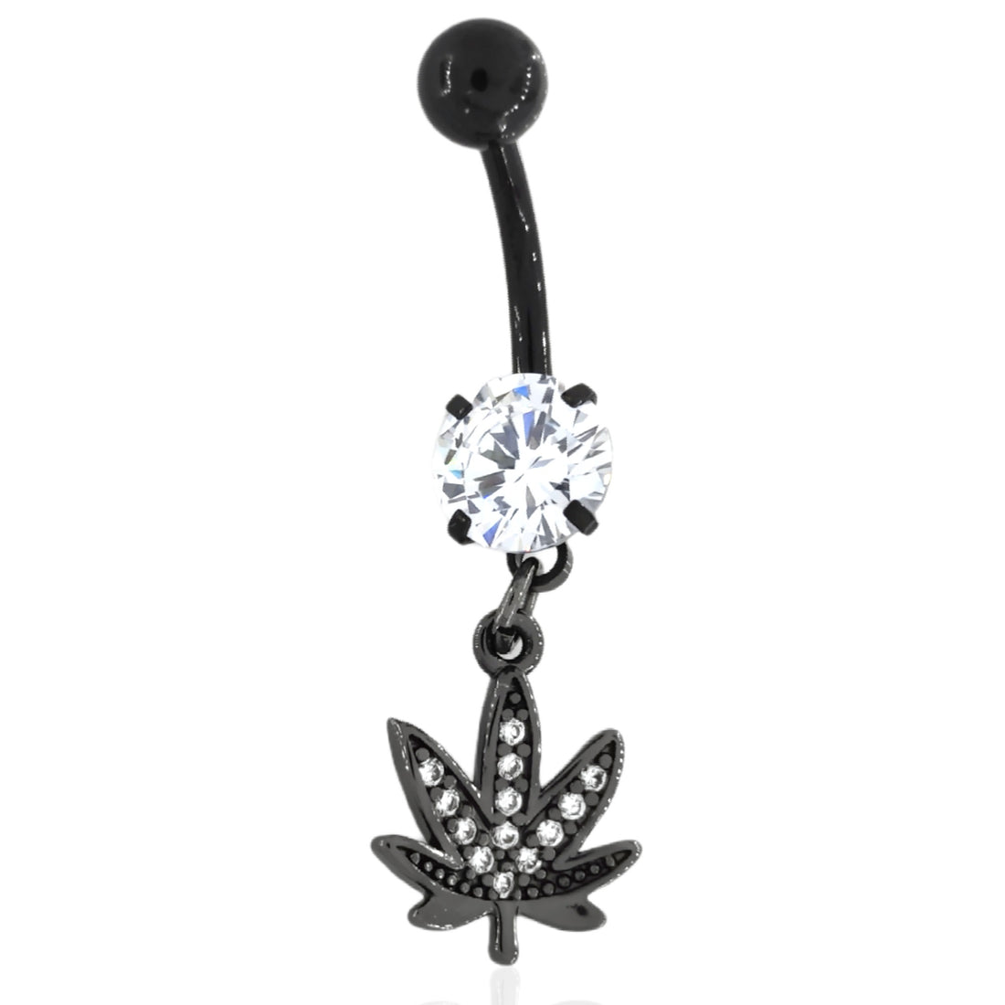 Black titanium coated belly ring with a jewelled leaf design.