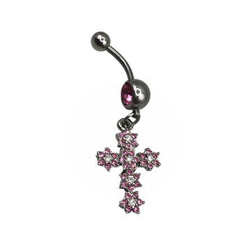 Surgical steel belly ring featuring a black metal finish and a pink jewelled cross dangle.