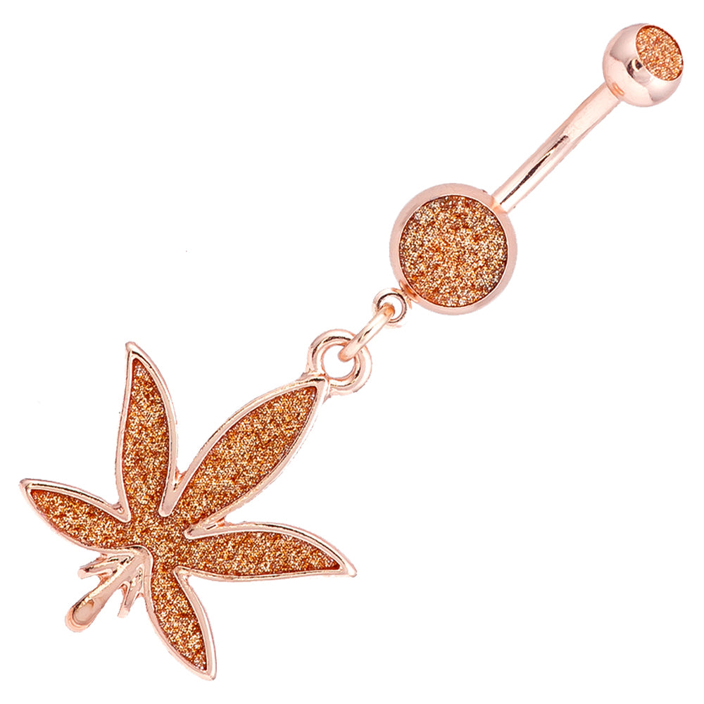 Rose gold plated surgical steel belly ring with a glittery leaf design, externally threaded.
