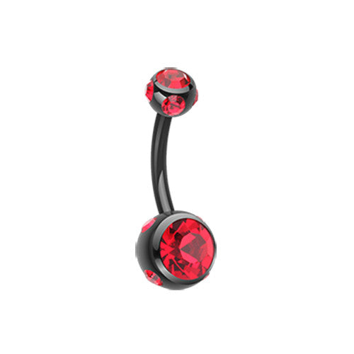 316L Black surgical steel belly banana red jewelled balls. Externally Threaded.