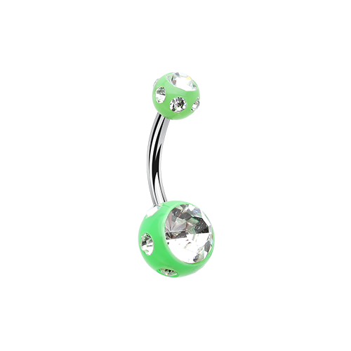 316L Surgical steel belly banana with bright green jewelled balls. Externally Threaded.