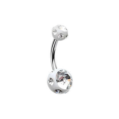 316L Surgical steel belly banana with white jewelled balls. Externally Threaded.