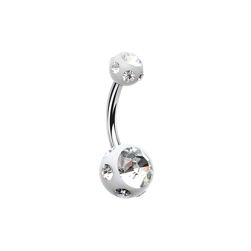 316L Surgical steel belly banana with white jewelled balls. Externally Threaded.