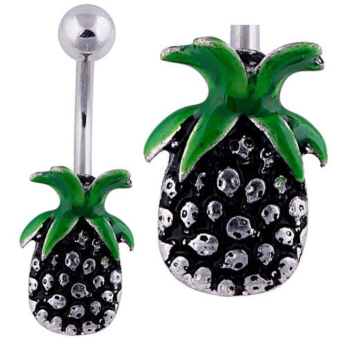 A belly ring with a green enamel pineapple top and a black base.