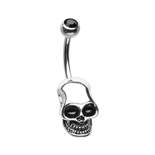 A 316L stainless steel belly button ring featuring a black crystal-eyed skull design.