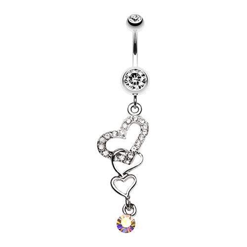 Double jewelled belly ring with a dangly charm made of 3 intertwined hearts, one jewelled, and a single gem. Externally Threaded. Shown with clear gems.