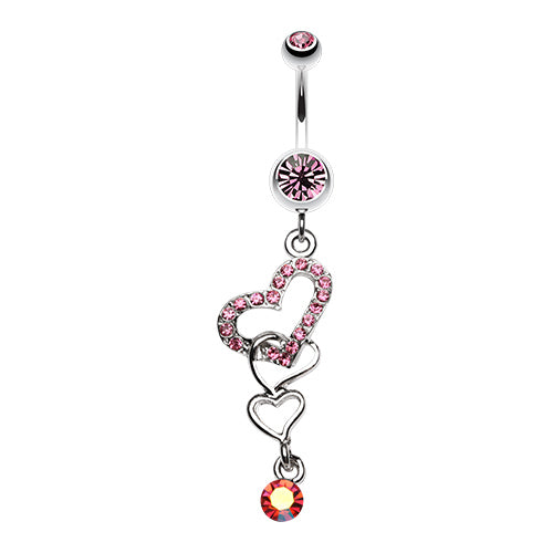 Double jewelled belly ring with a dangly charm made of 3 intertwined hearts, one jewelled, and a single gem. Externally Threaded. Shown with pink gems.