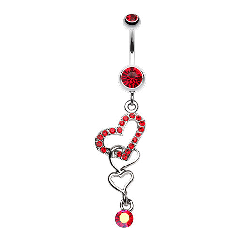 Double jewelled belly ring with a dangly charm made of 3 intertwined hearts, one jewelled, and a single gem. Externally Threaded. Shown with red gems.